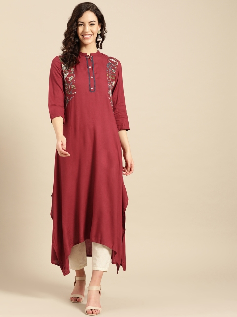 

IMARA Women Maroon Kalamkari Print Detail Asymmetric A-Line Kurta