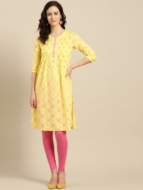 

IMARA Women Yellow & Pink Printed Straight Kurta