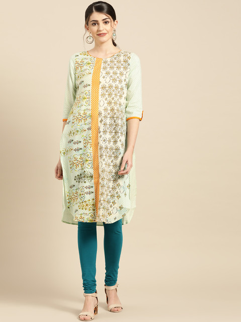 

IMARA Women Cream-Coloured & Blue Printed Straight Kurta
