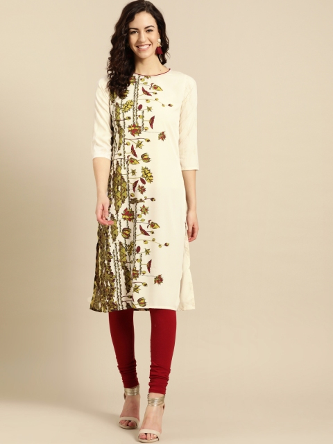 

IMARA Women Off-White & Green Floral Print Straight Kurta