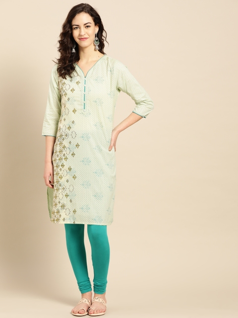 

IMARA Women Cream-Coloured & Green Printed Straight Kurta