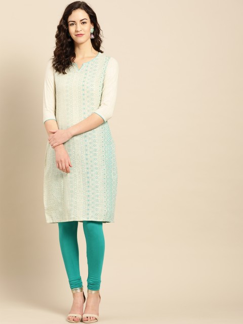 

IMARA Women Cream-Coloured & Blue Printed Straight Kurta