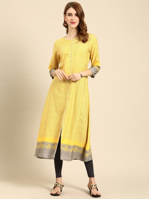 

IMARA Women Yellow & Grey Printed A-Line Kurta