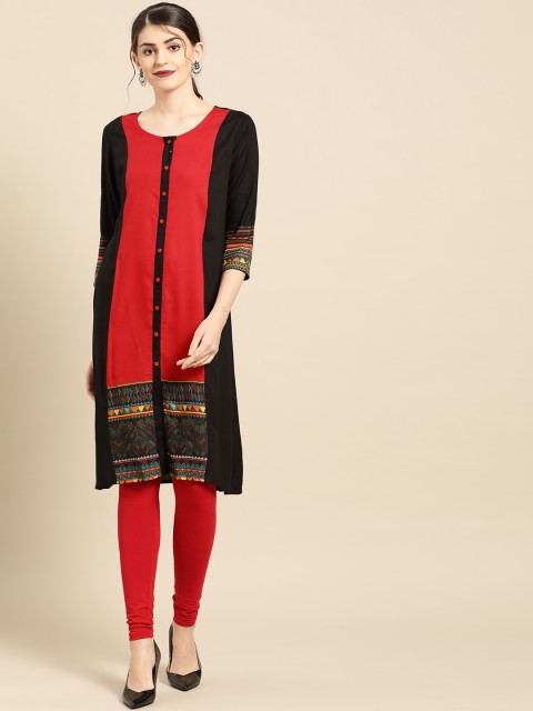 

IMARA Women Black & Red Colourblocked A-Line Kurta