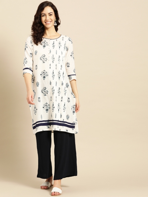 

IMARA Women White & Blue Printed Straight Kurta