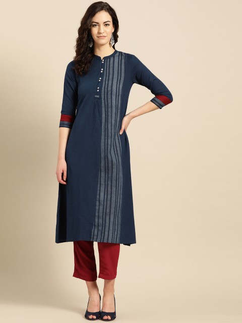 

IMARA Women Navy Blue Striped A-Line Kurta