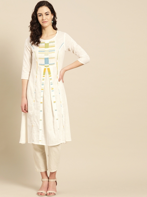 

IMARA Women Off-White & Green Printed A-Line Kurta