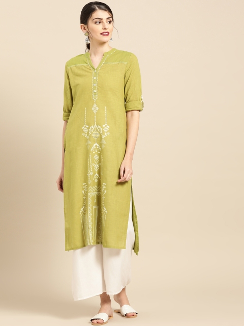 

IMARA Women Green & White Printed Straight Kurta