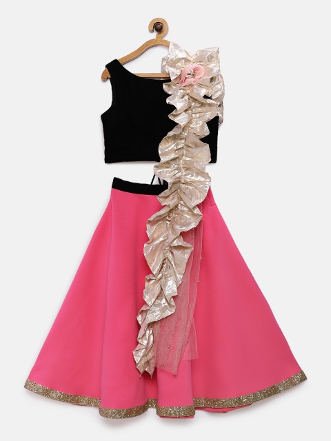 

Pink Cow Girls Pink & Black Solid Ready to Wear Lehenga & Blouse with Dupatta