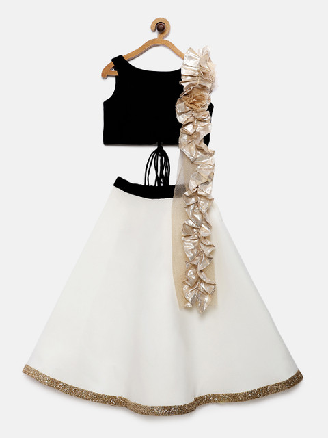 

Pink Cow Girls White & Black Solid Ready to Wear Lehenga & Blouse with Dupatta