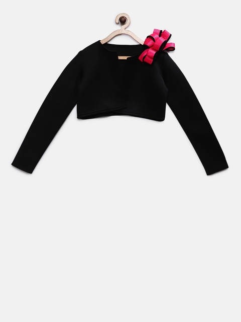 

Pink Cow Girls Black Solid Open Front Shrug With Bow Detail