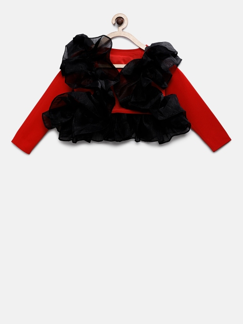 

Pink Cow Girls Black & Red Self-Design Open Front Shrug