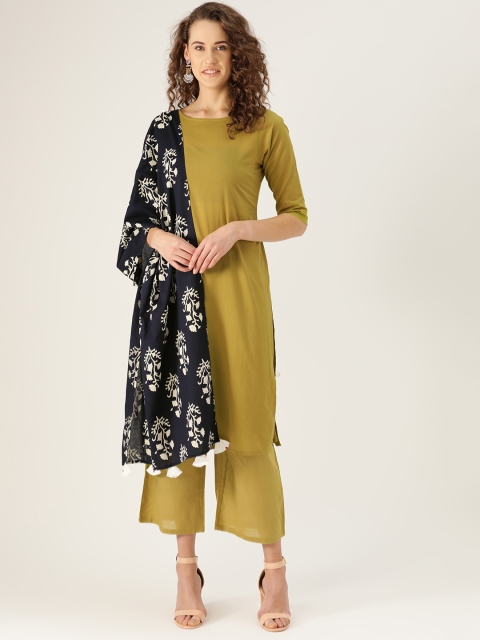 

Rustorange Women Olive Green & Navy Blue Solid Kurta with Palazzo & Dupatta