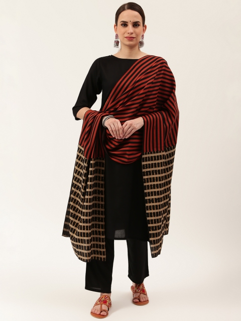 

Rustorange Women Black & Gold-Toned Solid Kurta with Trousers & Dupatta