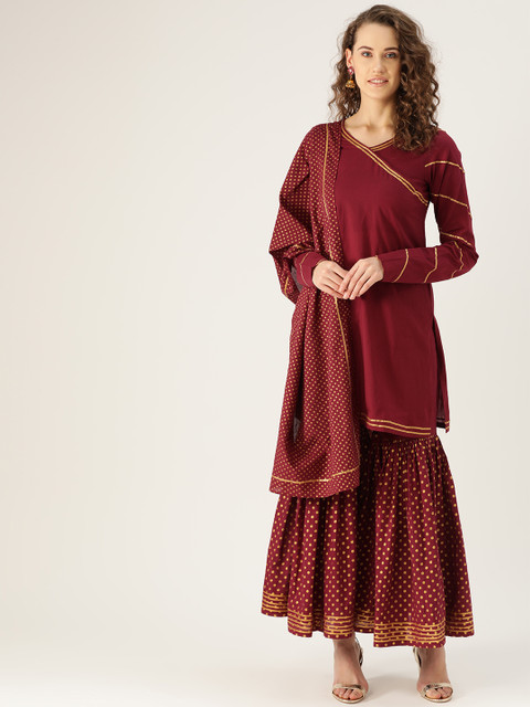 

Rustorange Women Maroon & Golden Solid Kurta with Sharara & Dupatta