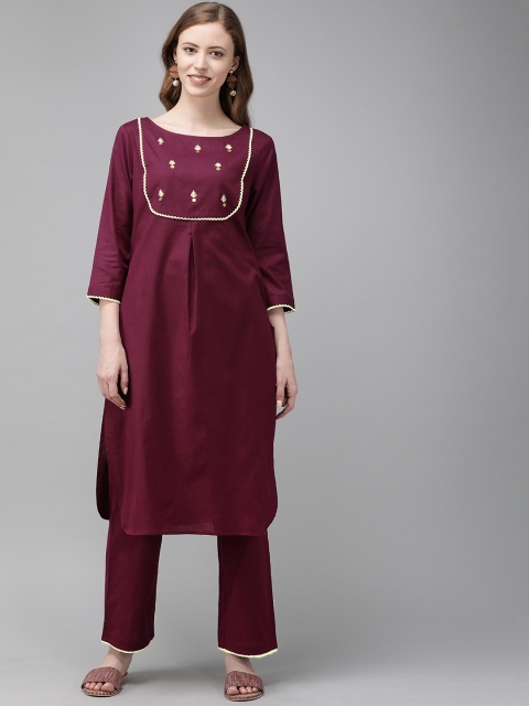 

Anouk Women Burgundy Solid Kurta with Palazzos With Embroidered Detailing