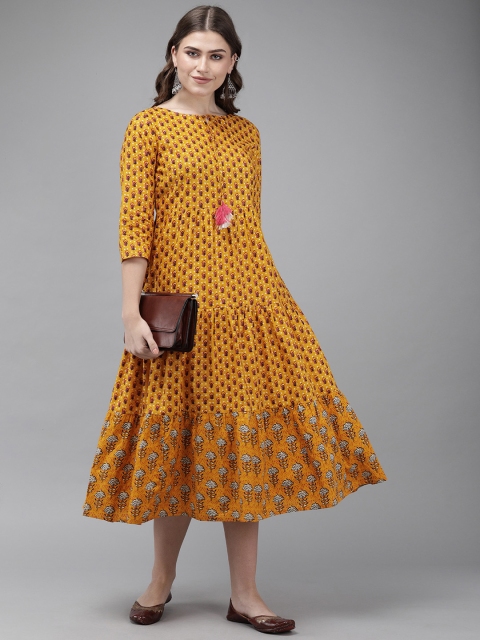 

Anouk Women Mustard Printed Fit and Flare Dress