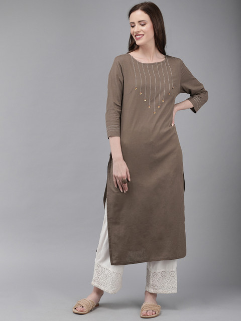 

Anouk Women Grey Solid Straight Kurta With Thread Work detail