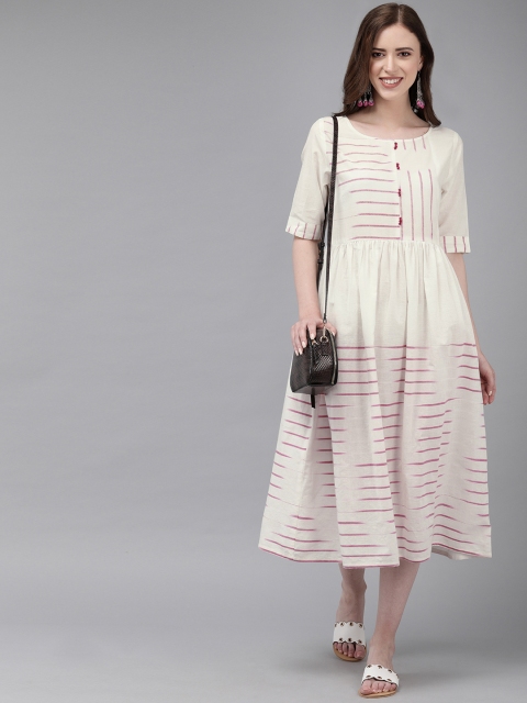 

Anouk Women Off-White & Pink Striped Fit and Flare Dress