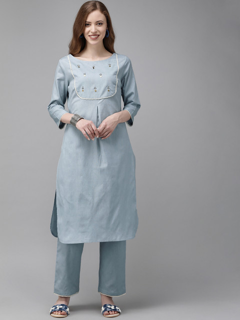 

Anouk Women Blue Solid Kurta with Palazzos With Embroidered Detailing