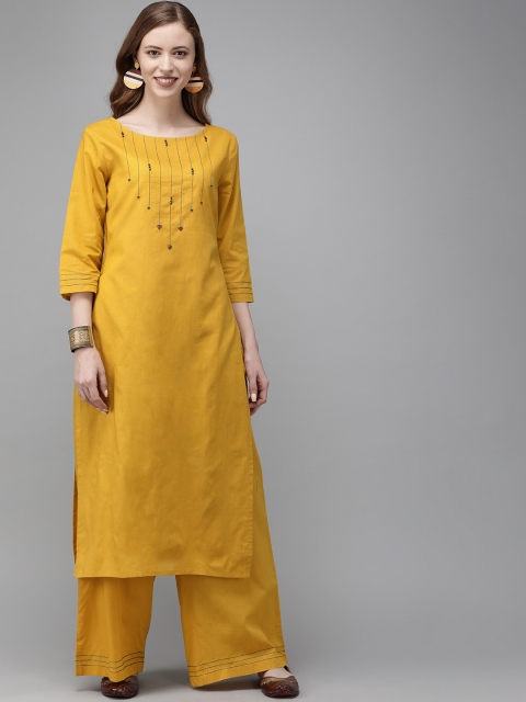 

Anouk Women Mustard Yellow Solid Kurta with Palazzos With Embroidered Detailing