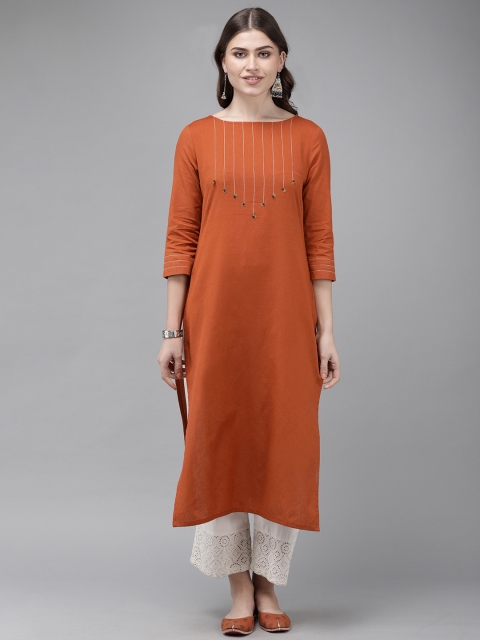 

Anouk Women Rust Orange Yoke Design Straight Kurta