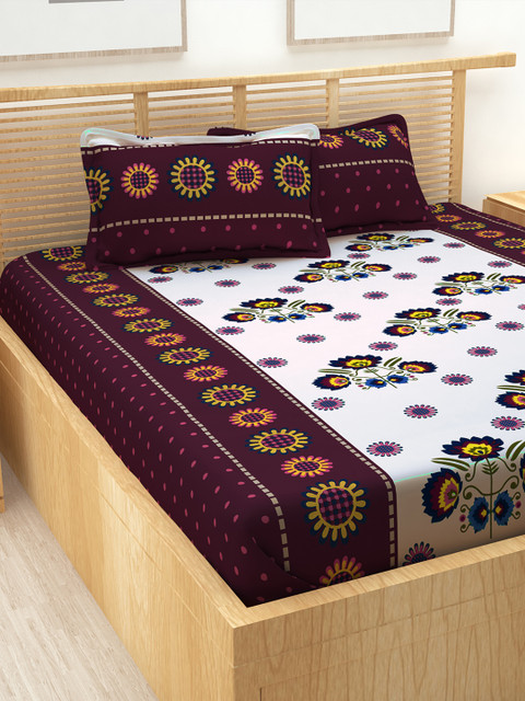 

Story@home Maroon Floral 150 TC Cotton 1 Queen Bedsheet with 2 Pillow Covers