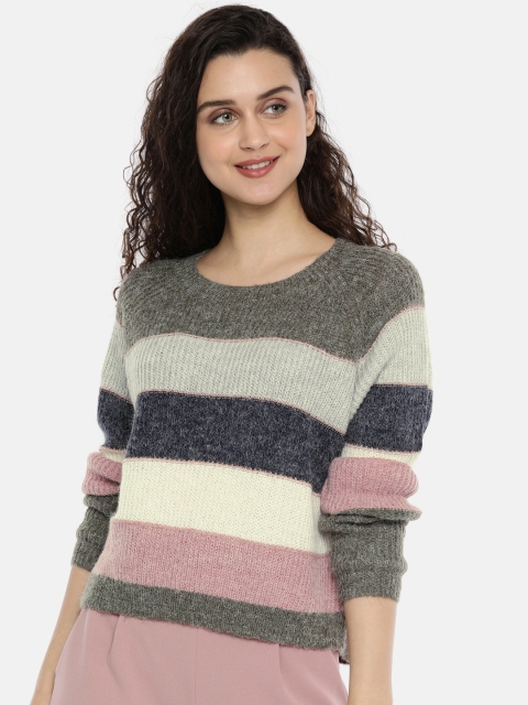 

ONLY Women Green & Off-White Colourblocked Pullover Sweater