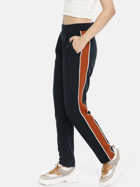 

ONLY Women Navy Blue & Rust Orange Regular Fit Solid Regular Trousers