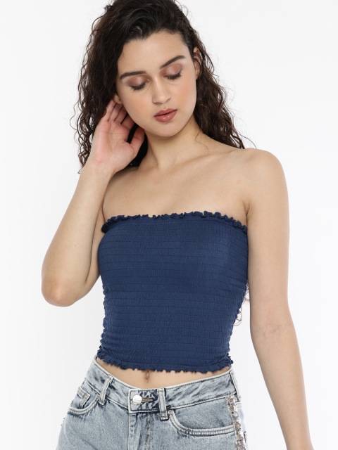 

ONLY Women Blue Self Design Crop Tube Top