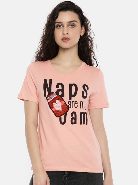 

ONLY Women Pink Printed Embellished Round Neck Pure Cotton T-shirt