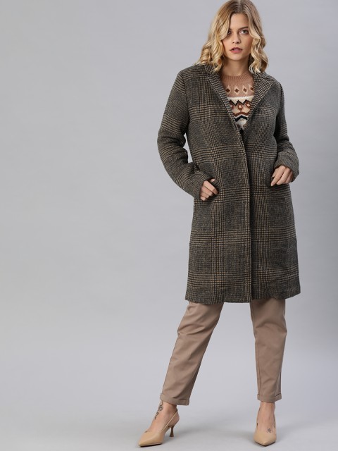 

ONLY Women Black & Beige Checked Knee Length Overcoat
