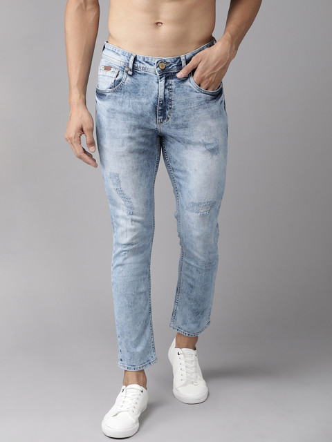 

The Roadster Lifestyle Co Men Blue Skinny Fit Mid-Rise Acid Wash Mildly Distress Cropped Jeans