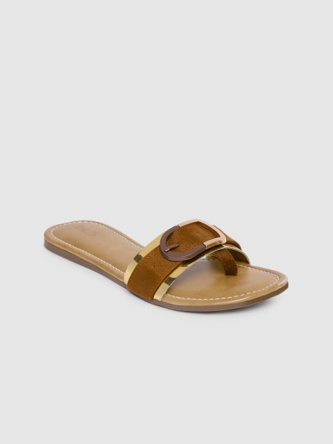 

Inc 5 Women Tan Brown Open Toe Flats With Buckle Detailing