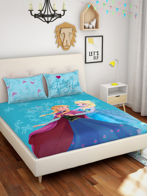 

SPACES Blue Cartoon Characters Frozen 180 TC Cotton 1 Queen Bedsheet with 2 Pillow Covers