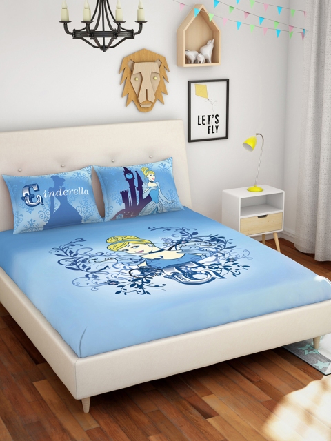 

SPACES Blue Disney Cartoon Characters 180 TC Cotton 1 Queen Bedsheet with 2 Pillow Covers