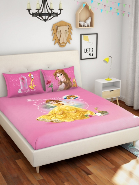 

SPACES Yellow & Pink Disney Character 180 TC Cotton 1 Queen Bedsheet with 2 Pillow Covers