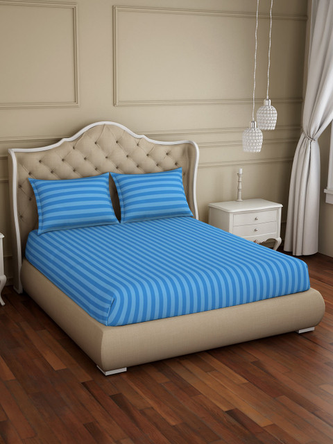

SPACES Blue Striped 210 TC Cotton 1 King Bedsheet with 2 Pillow Covers