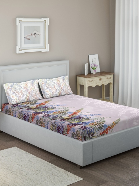 

DDecor Purple & Green Floral 144 TC Cotton 1 Queen Bedsheet with 2 Pillow Covers