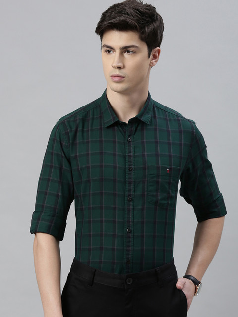 

Louis Philippe Jeans Men Green & Navy Blue Super Slim Fit Checked Casual Shirt
