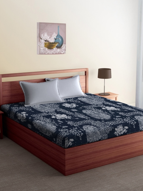 

CORE Designed by SPACES Navy Blue & Grey Ethnic Motifs 104 TC Cotton 1 King Bedsheet with 2 Pillow Covers