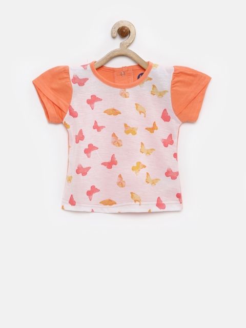 

YK Infant Girls White & Peach-Coloured Printed T-shirt