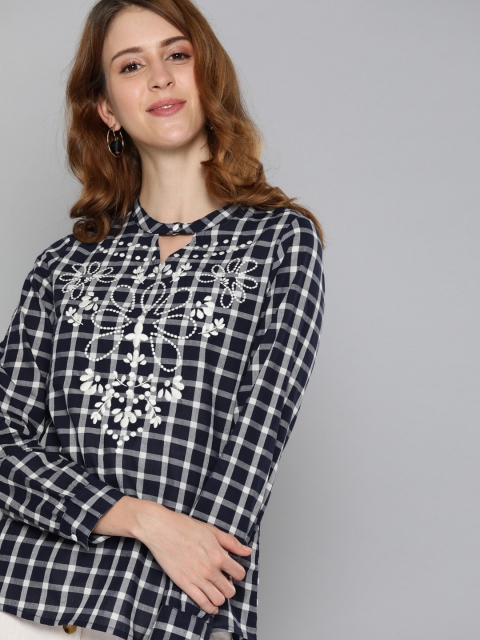 

HERE&NOW Women Navy Blue Checked Pure Cotton Top