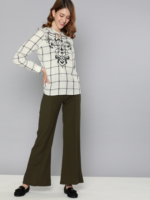 

HERE&NOW Women White & Black Checked Embroidered Pure Cotton Top