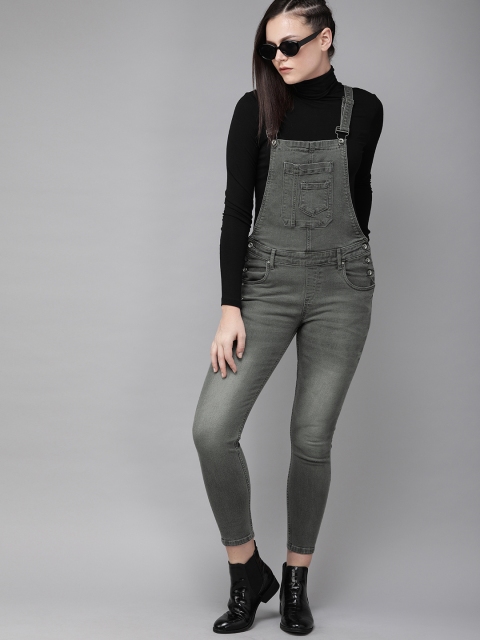 

Roadster Women Grey Skinny Fit Washed Light Fade Cropped Denim Dungarees