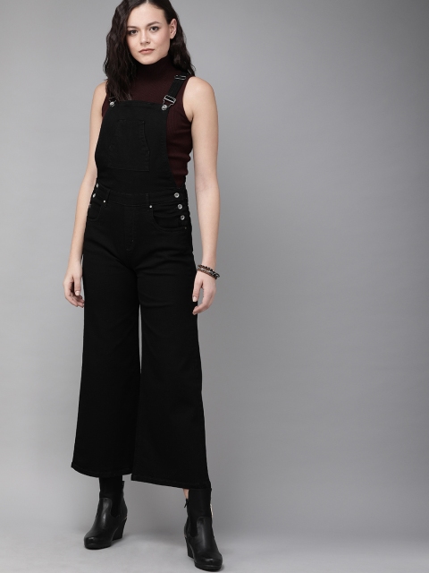 Women Black Washed Wide Leg Cropped Denim Dungarees