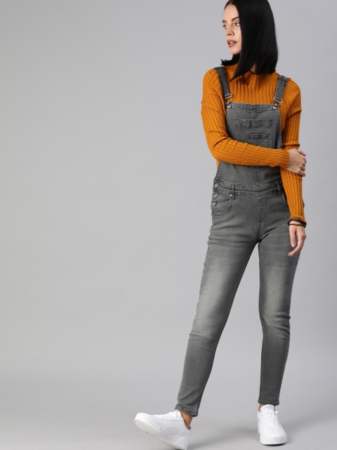 

Roadster Women Grey Solid Skinny Fit Denim Dungarees
