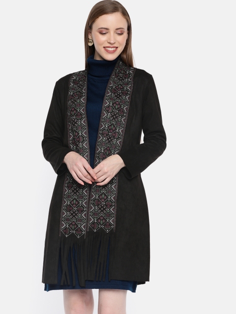 

Global Desi Women Black Printed Open Front Shrug With Fringed Detailing