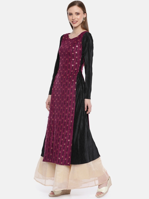 

Global Desi Women Purple & Black Printed A-Line Layered Kurta