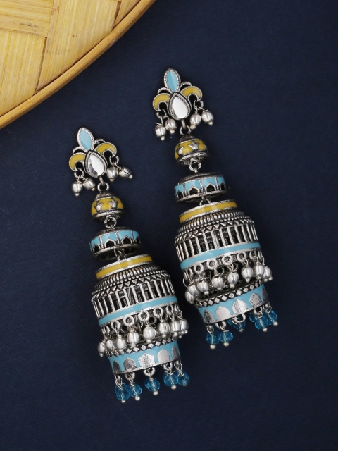 

Studio Voylla Silver-Plated & Blue Oxidised Dome Shaped Jhumkas